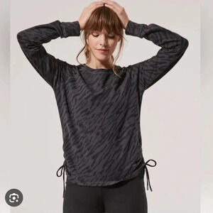 PACT Women’s ORGANIC SM Gray Black Tonal Zebra Cinch Tie Pullover Long Sleeve